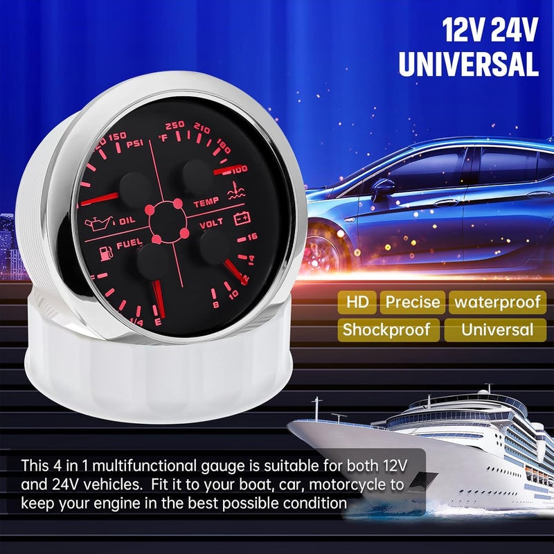 ARTILAURA عداد AUTO 4 في 1 متعدد الوظائف - ضغط الزيت / درجة حرارة الماء / مستوى الوقود / مقياس الفولت 85 مم 3 3/8" عداد سيارات وقوارب (أسود وفضي) - Image 3